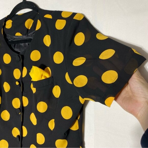 Vintage Black Yellow Polkadot Short Sleeve Button Front Polyester Blouse L - Picture 10 of 14